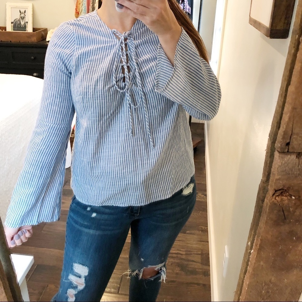 Wet Seal medium blue striped cotton lace up top